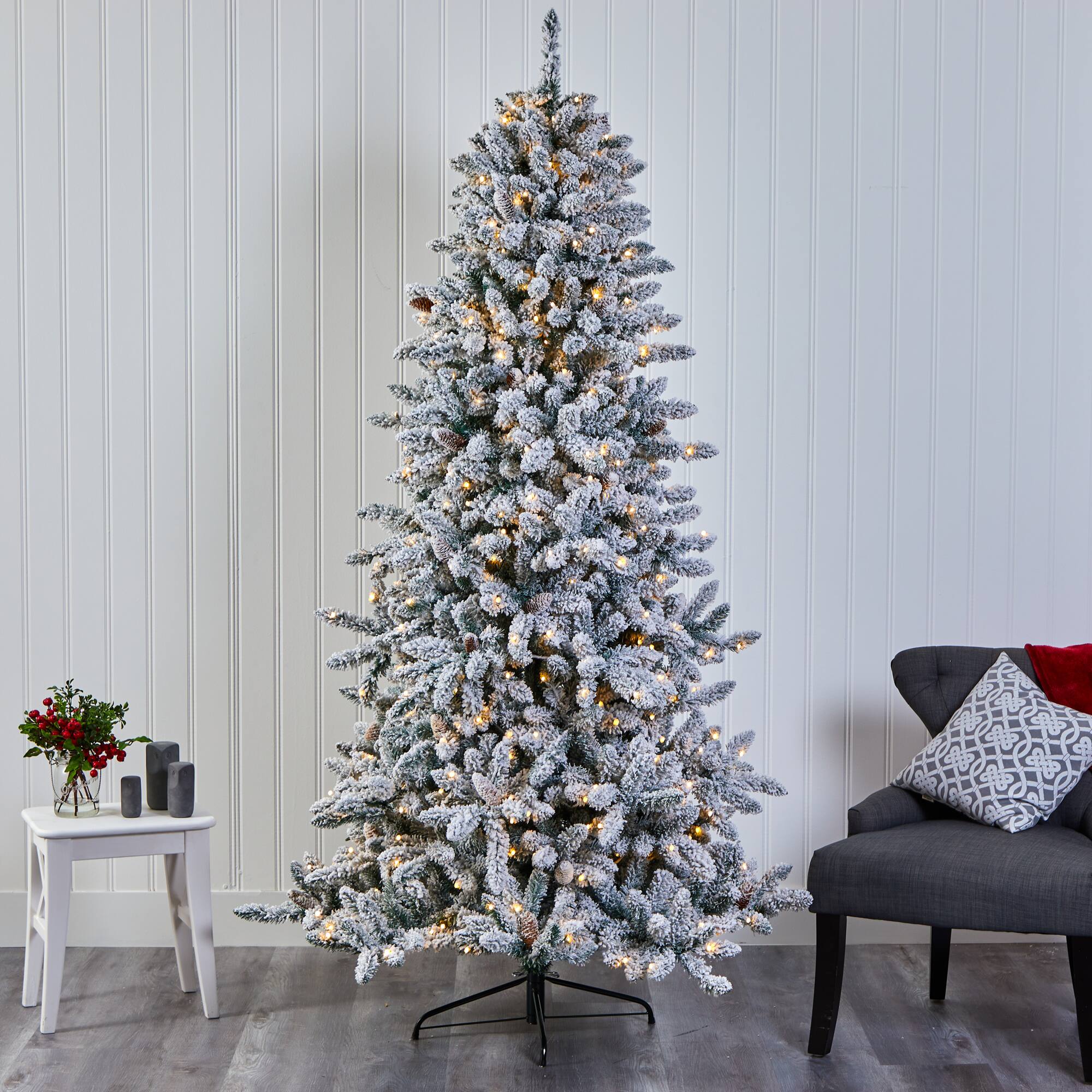 7.5ft. Pre-Lit Flocked Livingston Fir Artificial Christmas Tree with Pinecones and Clear Warm LED Lights